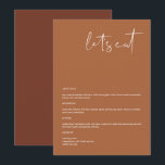 CORIANDER Boho Terracotta 5x7"レッツメニュ食べー メニュー<br><div class="desc">このメニューは、ボーホテラコッタと白モダン色の組み合わせでエッジの美しい手書きフォントとミニマルデザインを備えている。お客様のニーズに合わせて、*最も*多くの*表現を簡単に編集できる。このメニューは、あなたのやシンプルボヘミアンの赤ちゃんシャワーコンテンポラリー、ブライダルシャワー結婚、退職者、その他のイベントに完璧な追加を行う!すべての色は100%編集可能で、スタイルに合わせる。</div>