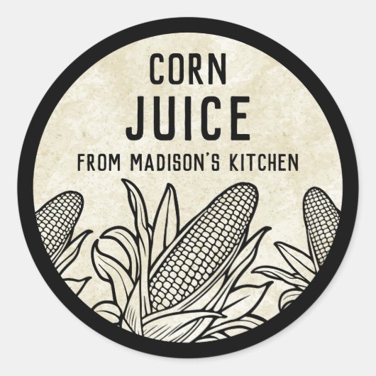 Corn juice label with black and white cobs ラウンドシール (正面)
