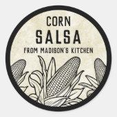 Corn salsa label with black and white cobs ラウンドシール (正面)