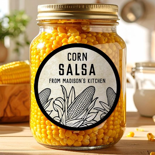 Corn salsa label with black and white cobs ラウンドシール