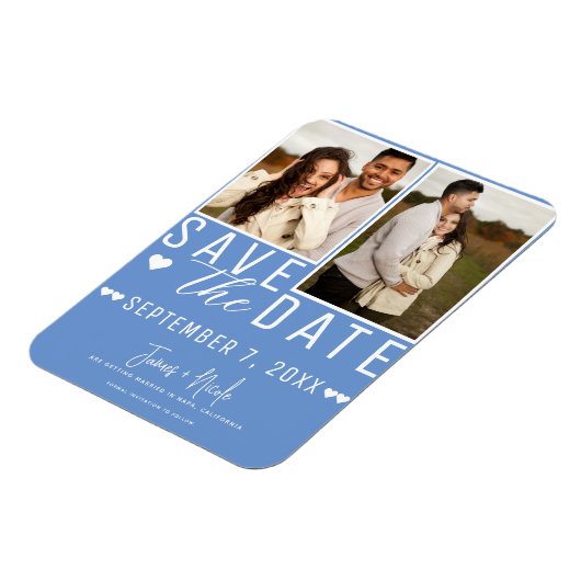 Cornflower Blue日付を保存2フォト結婚ズ マグネット (左側)