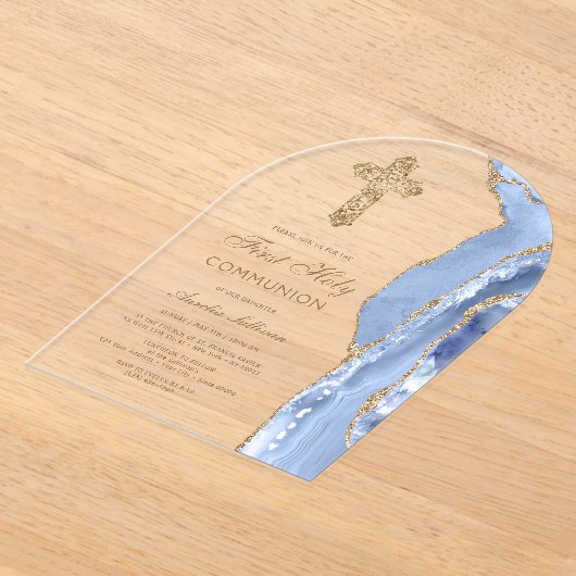 Cornflower Blue Agate First Communion アクリル招待状 (レイダウン)