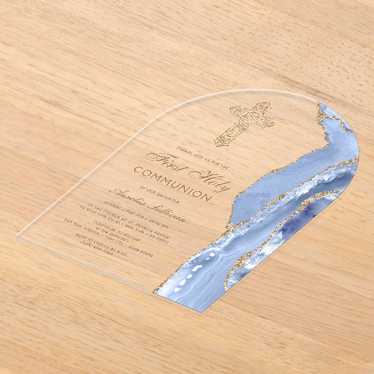 Cornflower Blue Agate First Communion アクリル招待状 (レイダウン)