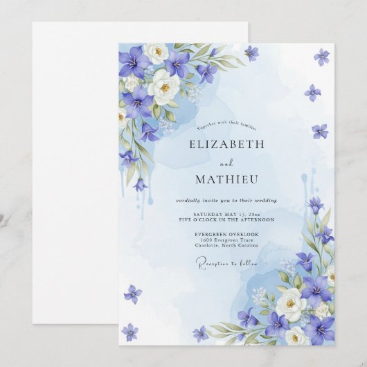 Cornflower Blue Airy Botanical Wedding 招待状 (正面/裏面)