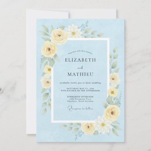 Cornflower Blue Airy Spring Wedding 招待状 (正面)