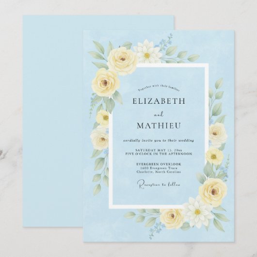 Cornflower Blue Airy Spring Wedding 招待状 (正面/裏面)