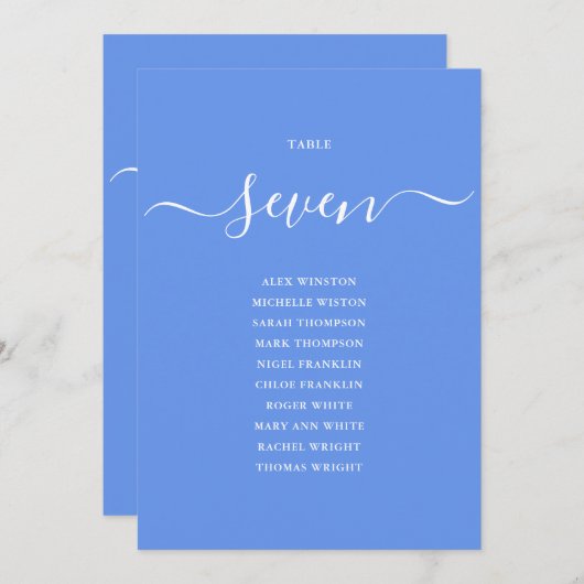 Cornflower Blue Elegant Table Number Seating Chart 招待状 (正面/裏面)