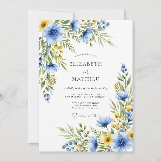 Cornflower Blue Ethereal Wildflower Wedding 招待状 (正面)