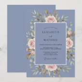 Cornflower Blue Graceful Rose Wedding 招待状 (正面/裏面)