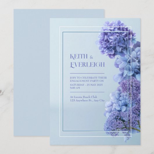 Cornflower Blue Hydrangea Minimalist Frame Wedding 招待状 (正面/裏面)