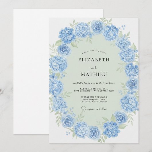 Cornflower Blue Hydrangea Spring Wedding 招待状 (正面/裏面)