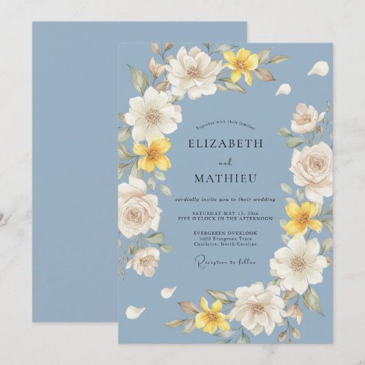 Cornflower Blue Luminous Botanical Wedding 招待状 (正面/裏面)