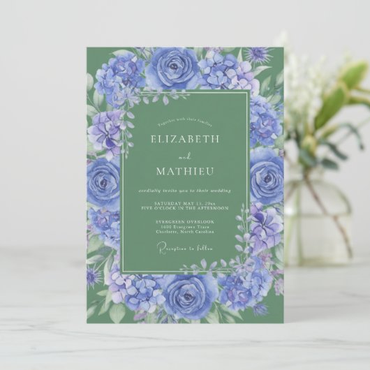 Cornflower Blue Majestic Botanical Wedding 招待状 (スタンド正面)