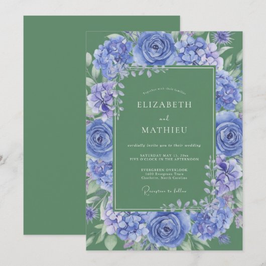 Cornflower Blue Majestic Botanical Wedding 招待状 (正面/裏面)