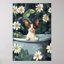 Cornish Rex In Bathtub Poster, Funny Cat Poster ポスター