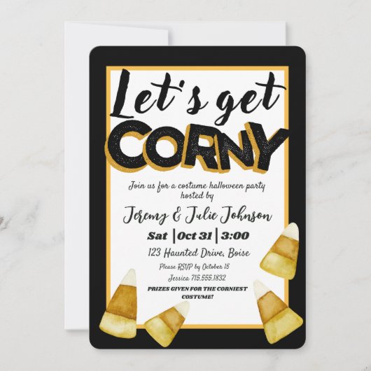 Corny面白いハロウィーンのコスチュームパーティーブラック 招待状 (正面)