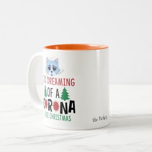 CORONAフリークリスマスの猫の夢 |おもしろい | ツートーンマグカップ (正面左)