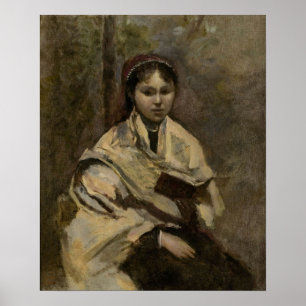 Corot – 本を手にして座っている若い女の子 ポスター