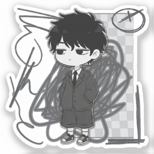Corporate Burnout Relatable Chibi Boy Suit Illustr シール (正面)