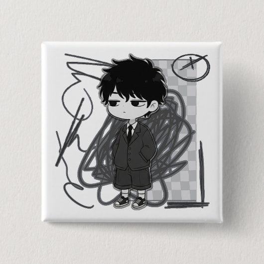 Corporate Burnout Relatable Chibi Boy Suit Illustr 缶バッジ (正面)