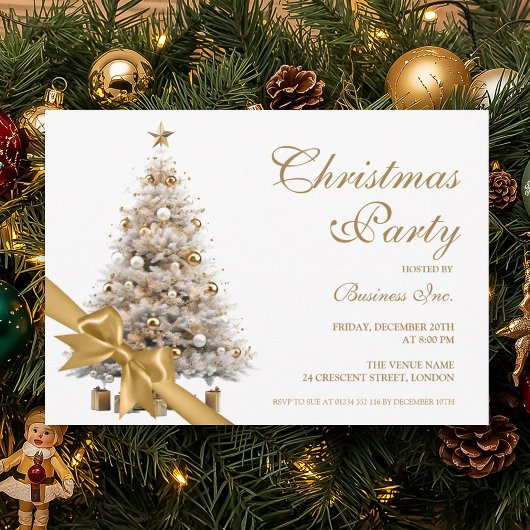 Corporate Gold Christmas Tree & Bow Holiday Party 招待状