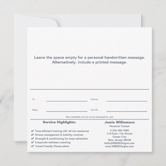 Corporate Personal Trainer Reward Gift Certificate (裏面)