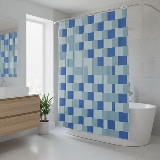Cortina, shower, checkered, blue, light blue シャワーカーテン