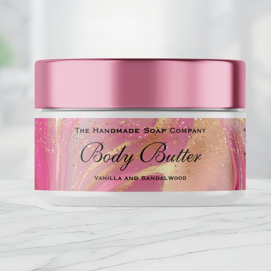 Cosmetics Body Butter Jar Label Pink Gold glitter ラップアラウンドラベル