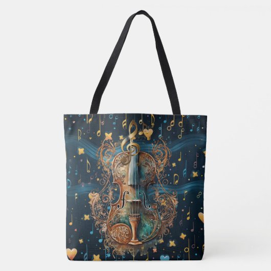  Cosmic Blue and Gold Rococo Violin Large Tote トートバッグ (正面)