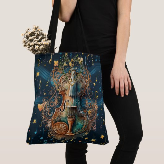 Cosmic Blue and Gold Violin Large Shoulder Tote トートバッグ (クローズアップ)