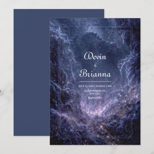 Cosmic Blue Stardust Celestial Wedding 招待状 (正面/裏面)