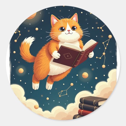 Cosmic Bookworm Cat Space Reading Sticker Tshirt ラウンドシール (正面)