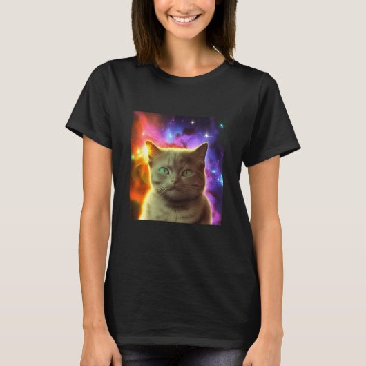 Cosmic Cat Cat Kitten in Outer Space Design Tシャツ (正面)
