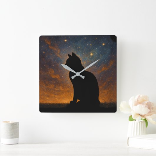 Cosmic Cat Silhouette スクエア壁時計 (ホーム)