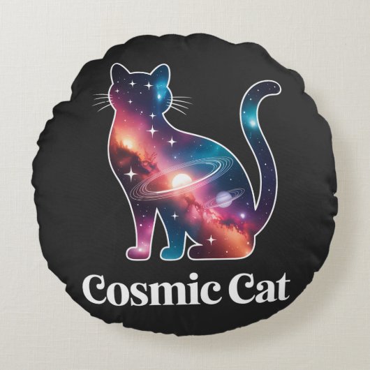 Cosmic Cat Silhouette Galaxy Space Stars Celestial ラウンドクッション (正面)