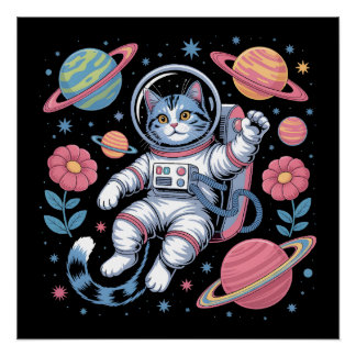 Cosmic Catstronaut in Neon Space Vaporwave ポスター