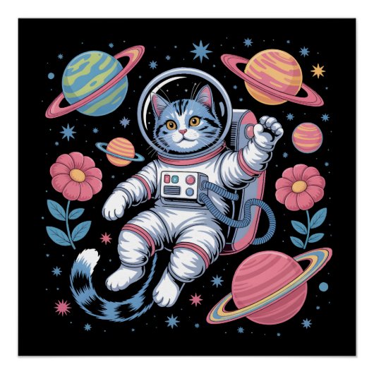 Cosmic Catstronaut in Neon Space Vaporwave ポスター (正面)