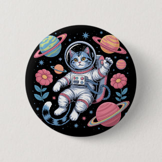 Cosmic Catstronaut in Neon Space Vaporwave 缶バッジ