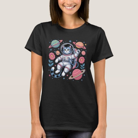 Cosmic Catstronaut in Neon Space Vaporwave Tシャツ (正面)