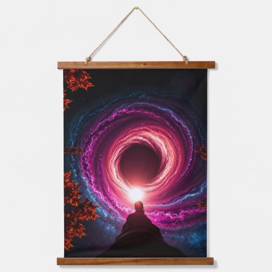 "Cosmic Descent — Man Staring Into a Neon Galactic 吊り下げ型タペストリー (正面)