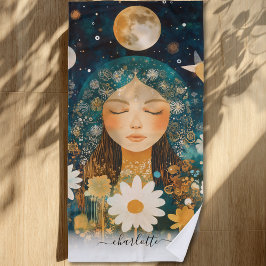 Cosmic Girl Boho Moon & Daisy Illustration Custom ビーチタオル