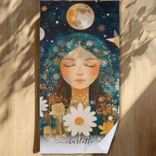Cosmic Girl Boho Moon & Daisy Illustration Custom ビーチタオル