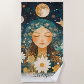 Cosmic Girl Boho Moon & Daisy Illustration Custom ビーチタオル (正面)