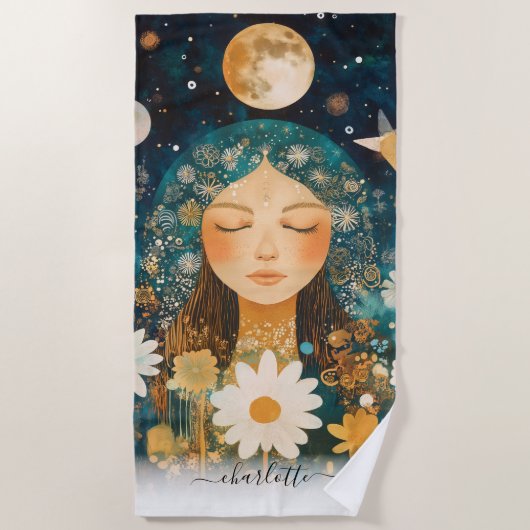 Cosmic Girl Boho Moon & Daisy Illustration Custom ビーチタオル (正面)