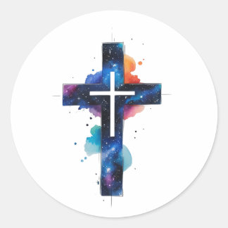 Cosmic Grace Galaxy Christian Cross Sticker ラウンドシール