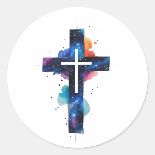 Cosmic Grace Galaxy Christian Cross Sticker ラウンドシール (正面)