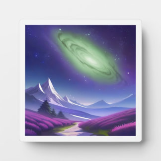 Cosmic Green Galaxy Over Purple Mountain Landscape フォトプラーク
