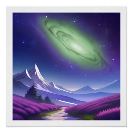 Cosmic Green Galaxy Over Purple Mountain Landscape ポスター (正面)