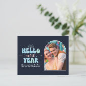 Cosmic Ice New Year Retro Modern Blue Photo シーズンポストカード (スタンド正面)