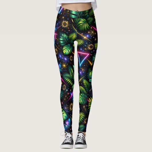 Cosmic Jungle Neon Galaxy Tropical Activewear レギンス (正面)